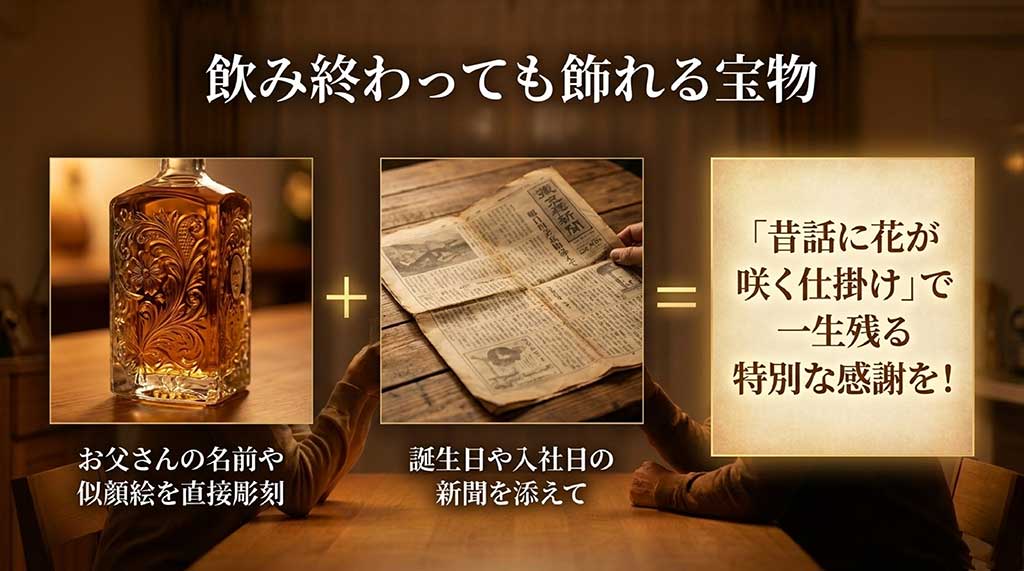 お父さんの名前や似顔絵を彫刻したボトルと、誕生日などの記念日新聞がセットになった特別なギフト
