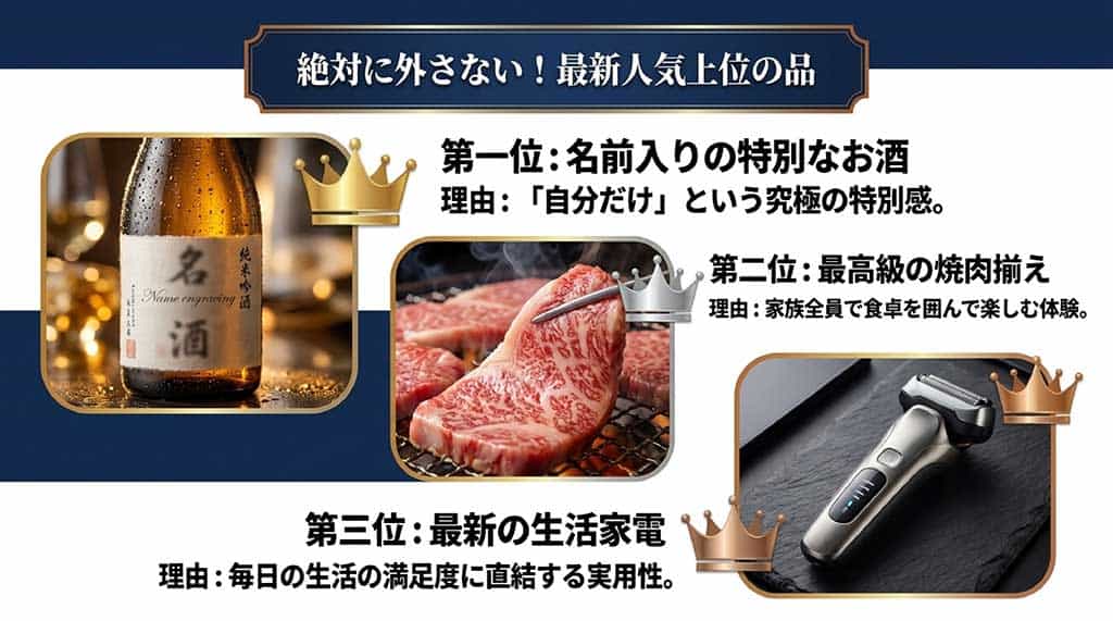 父の日人気1位の名前入りお酒、2位の高級肉、3位の生活家電の紹介