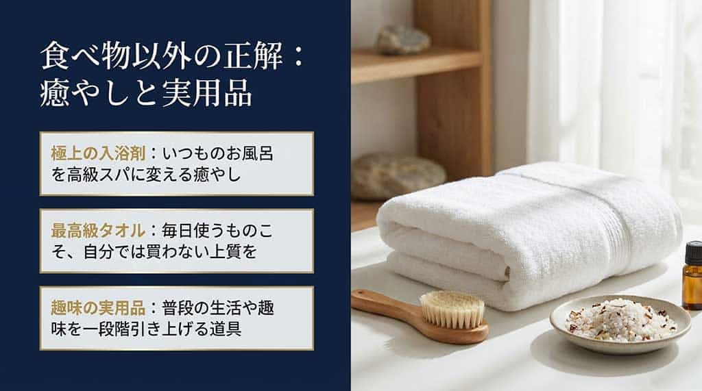 食べ物以外の正解として、癒やしと実用品を紹介するスライド。いつものお風呂を高級スパに変える極上の入浴剤、自分では買わない最高級タオル、普段の生活や趣味を一段階引き上げる道具について解説。