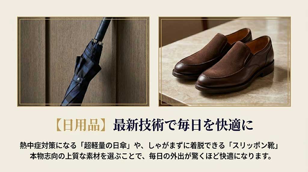 熱中症対策になる超軽量の日傘や、しゃがまず履けるスリッポン靴など、最新技術で毎日を快適にする日用品