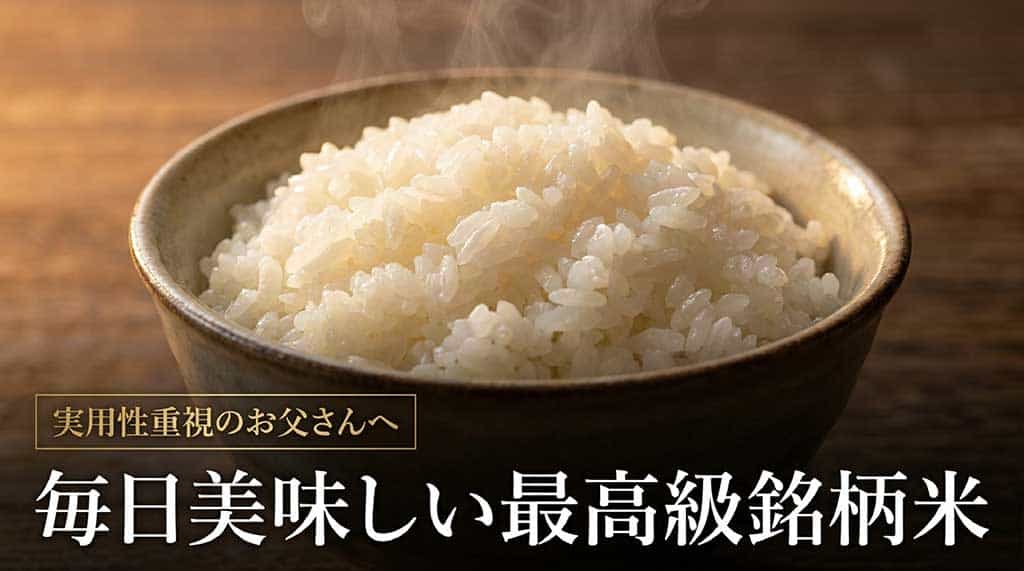 「実用性重視のお父さんへ 毎日美味しい最高級銘柄米」と書かれた、お米ギフトの紹介スライド