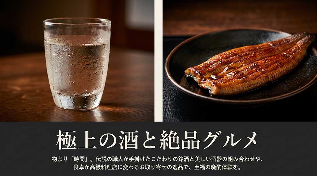 結露した美しいグラスの写真を背景に、伝説の職人が手掛けた銘酒と酒器の組み合わせ、食卓が高級料理店に変わるお取り寄せグルメを提案するスライド画像 。