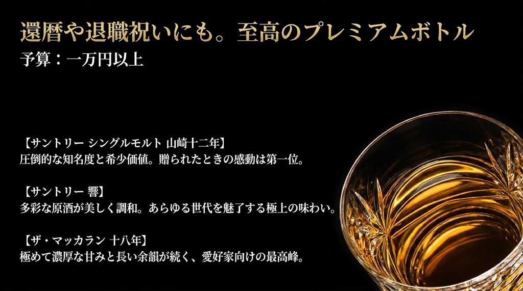 グラスに注がれたウイスキーを上から見下ろした美しい画像と共に、予算1万円以上の最高峰として、サントリー シングルモルト 山崎12年、サントリー響、ザ・マッカラン 18年を紹介しているスライド