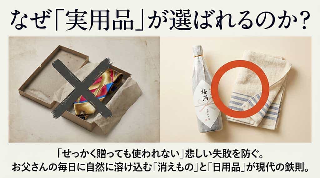 ネクタイなどの使われない贈り物ではなく、消えものや日用品を選ぶ重要性を示した図解