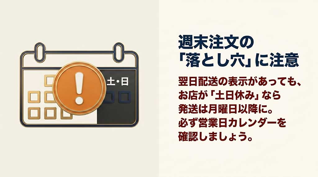 カレンダーの土・日に警告マークが表示されたイラスト。翌日配送の表示があってもお店が土日休みなら発送は月曜日以降になるため、営業日カレンダーの確認を促すスライド