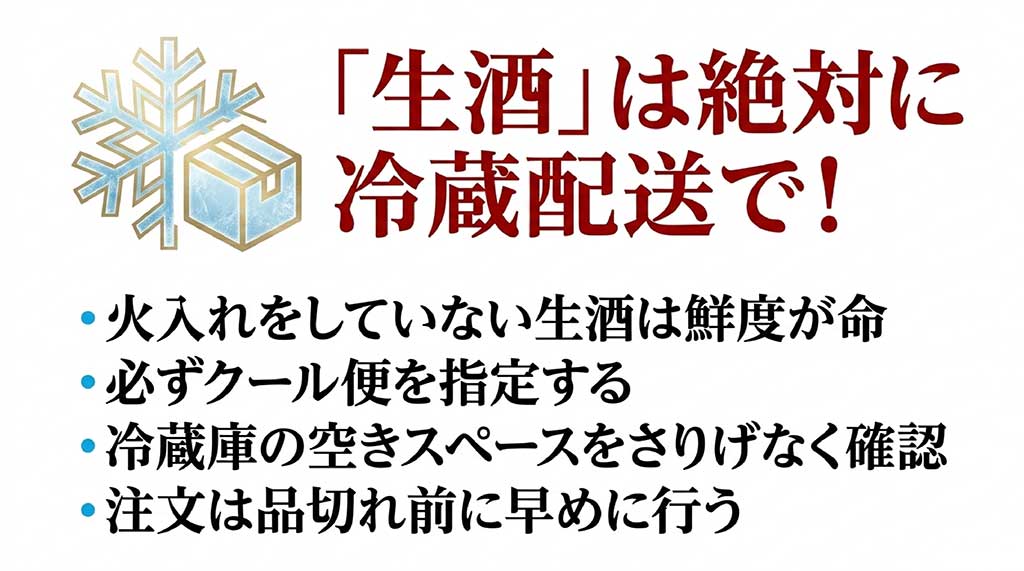 火入れをしていない生酒を贈る際の注意点(必ずクール便を指定、冷蔵庫の空きスペース確認、品切れ前の早め注文)を伝えるイラスト付きスライド。