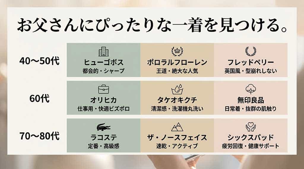 40〜50代（ヒューゴボス、オリヒカ、フレッドペリー）、60代（ラコステ、ポロラルフローレン、無印良品、タケオキクチ）、70〜80代（AM、ザ・ノースフェイス、シックスパッド）の年代別特徴をまとめたマトリクス表のスライド