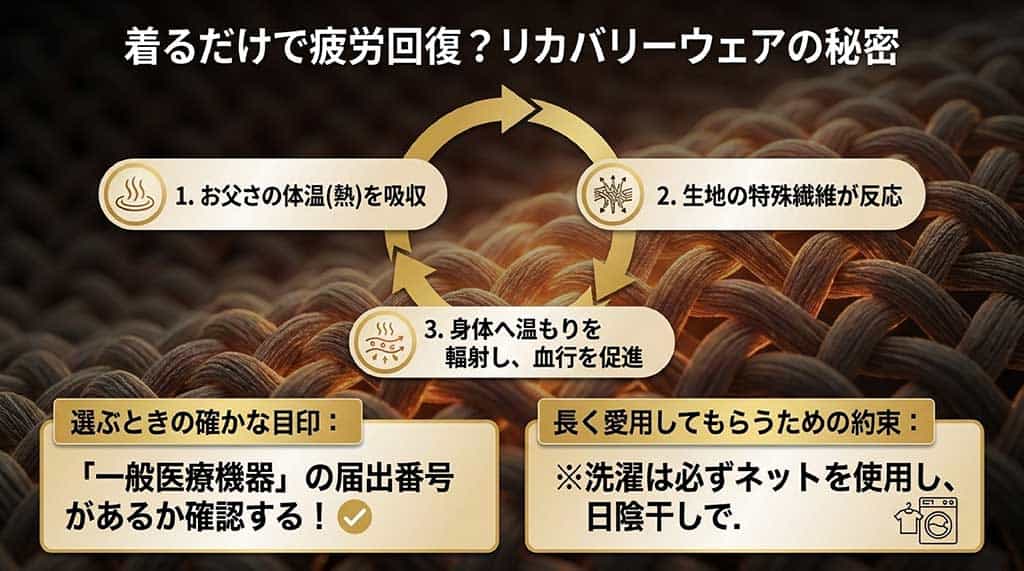 体温を吸収し特殊繊維が反応して血行を促進するリカバリーウェアの仕組みと、選ぶ際の基準である一般医療機器届出番号の確認、および洗濯ネット使用・陰干しというお手入れの注意点を説明したスライド