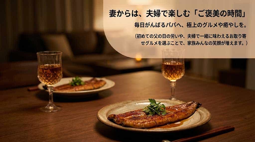 「妻からは、夫婦で楽しむ『ご褒美の時間』」という見出し。毎日がんばるパパへの労いや、夫婦で一緒に味わえるお取り寄せグルメで家族みんなの笑顔が増えることを提案するスライド