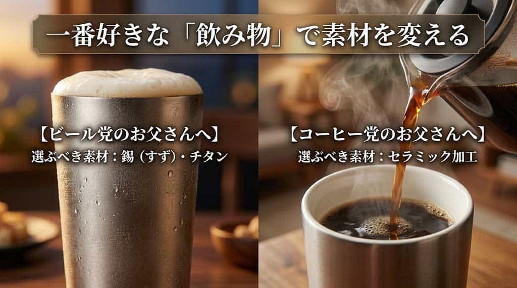 ビール党のお父さんには錫(すず)やチタン、コーヒー党のお父さんにはセラミック加工など、一番好きな飲み物に合わせてタンブラーの素材を変える選び方を提案するスライド画面。