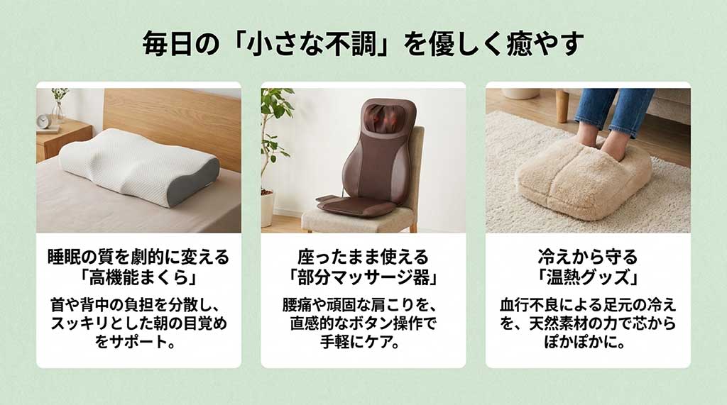 毎日の「小さな不調」を優しく癒やすグッズ。睡眠の質を劇的に変える高機能まくら、座ったまま使える部分マッサージ器、冷えから守る温熱グッズ(足元用)の紹介