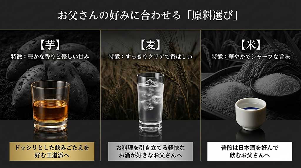 芋焼酎、麦焼酎、米焼酎の特徴と、それぞれどんな好みのお父さんにおすすめかを比較したマップ。