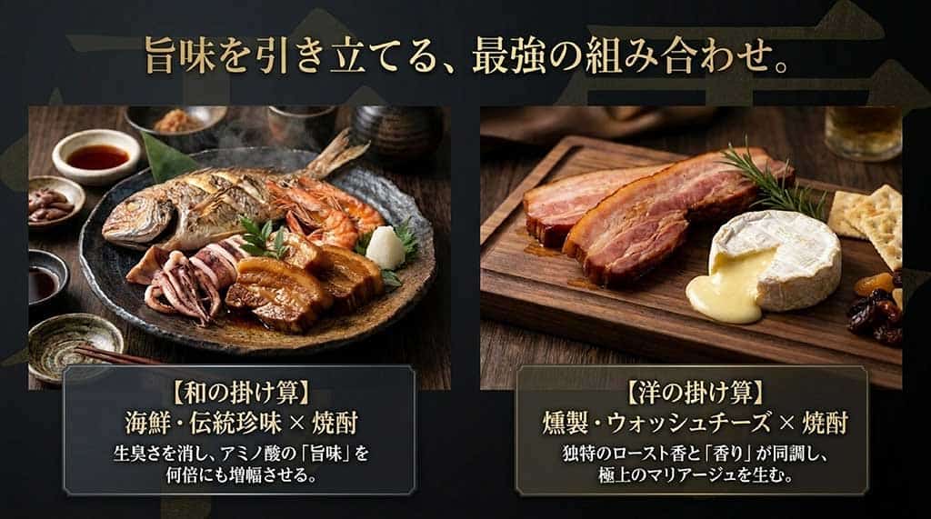 海鮮珍味を合わせる和の掛け算と、燻製やチーズを合わせる洋の掛け算による焼酎とおつまみの相乗効果を説明するスライド。
