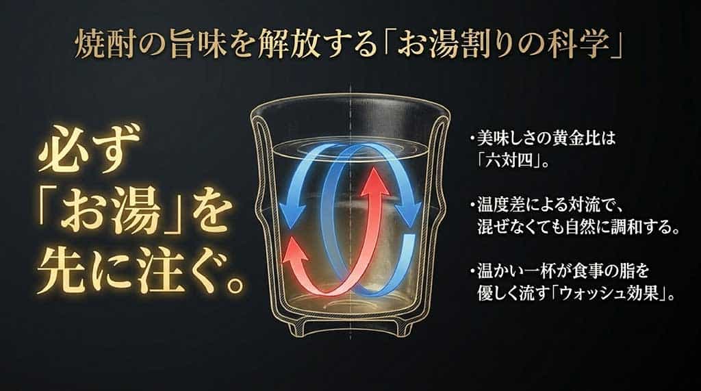 先にお湯を注ぐことで、温度差による自然な対流が起こり、焼酎がまろやかに調和する仕組みを表したイラスト図解。