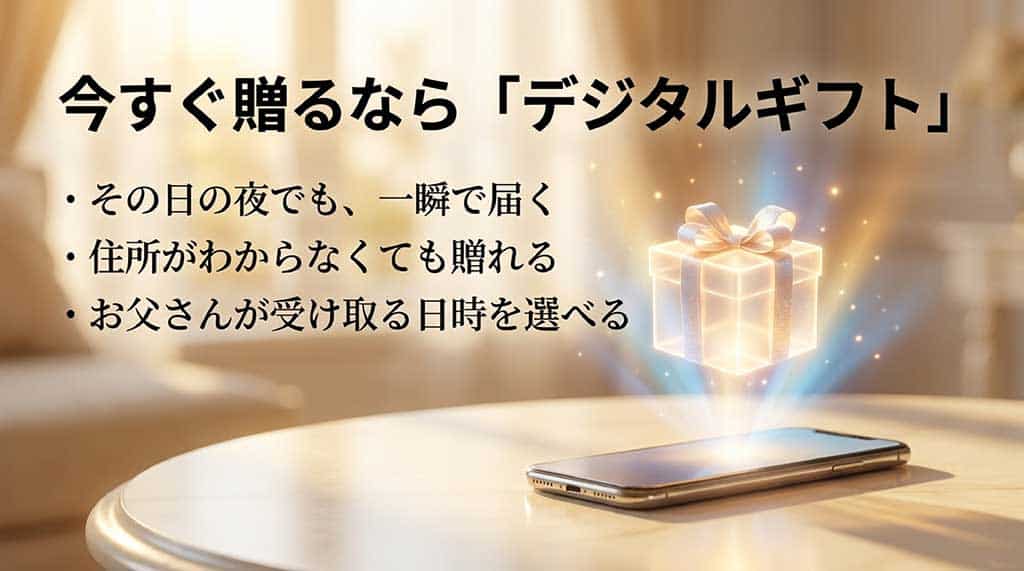 「今すぐ贈るなら『デジタルギフト』。その日の夜でも、一瞬で届く・住所がわからなくても贈れる・お父さんが受け取る日時を選べる」と特徴が並んだスライド。