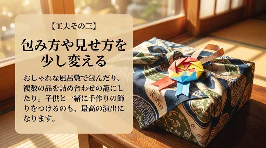 工夫その三として、包み方や見せ方を少し変えるアイデア。おしゃれな風呂敷で包んだり、詰め合わせの籠にしたり、子供と一緒に手作りの飾りをつける演出を紹介するスライド。