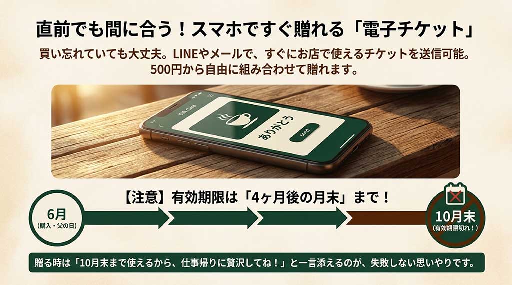 LINEやメールですぐに贈れるスマホの電子チケット（Gift Card）のイラストと、「有効期限は4ヶ月後の月末まで（10月末に期限切れ）」という注意喚起、思いやりの一言を添えるコツが書かれたスライド
