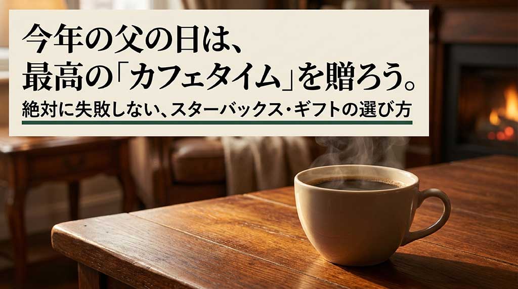 「今年の父の日は、最高の『カフェタイム』を贈ろう。絶対に失敗しない、スターバックス・ギフトの選び方」と書かれた、スターバックスの父の日ギフトガイドの表紙スライド