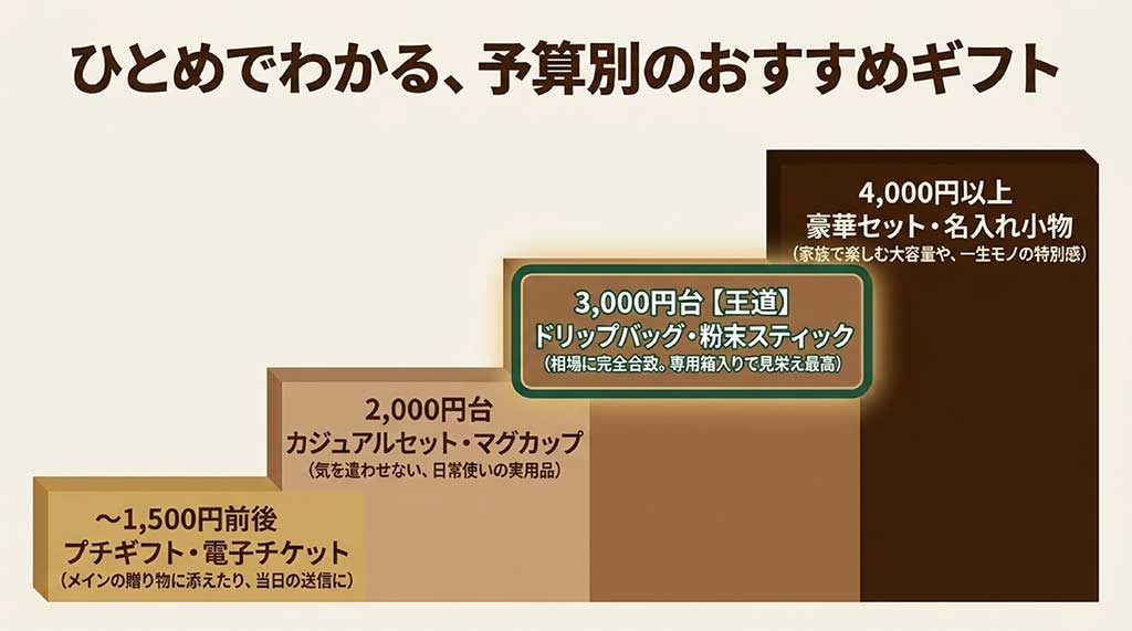 1,500円前後のプチギフトから、2,000円台のカジュアルセット、3,000円台のドリップバッグ、4,000円以上の豪華セットまで、予算別のおすすめスタバギフトをまとめたマトリクス図