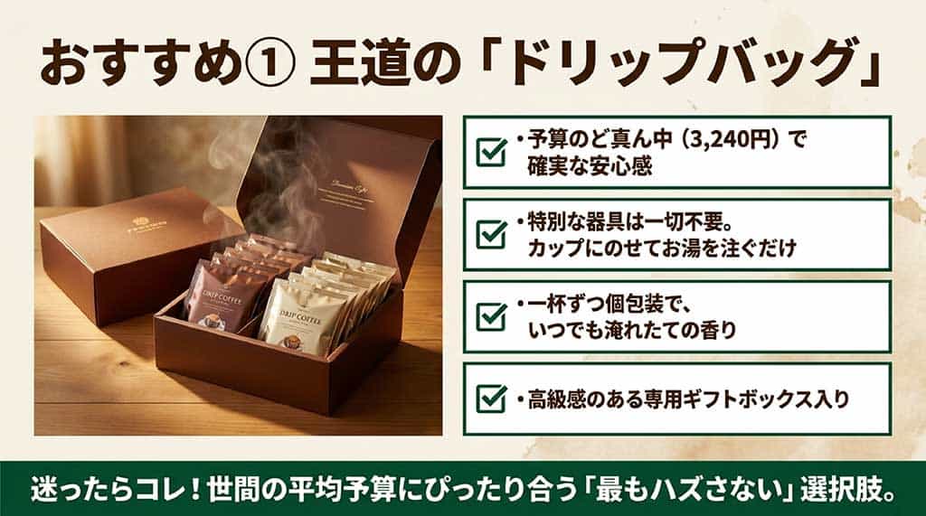 専用の高級ギフトボックスに入ったスターバックスのドリップコーヒー「オリガミ」の写真と、「予算のど真ん中（3,240円）」「器具不要」「個包装」といったメリットを解説したスライド