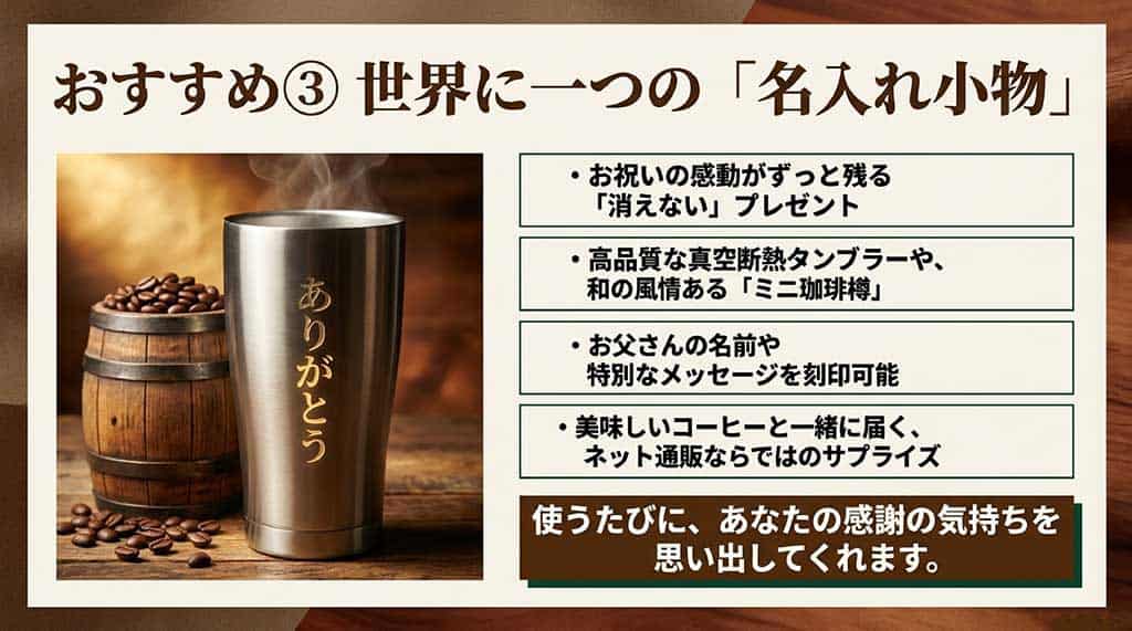 「ありがとう」などの文字や名前を刻印できる真空断熱タンブラーやミニ珈琲樽の紹介と、美味しいコーヒーがセットで届くサプライズ感を解説したスライド
