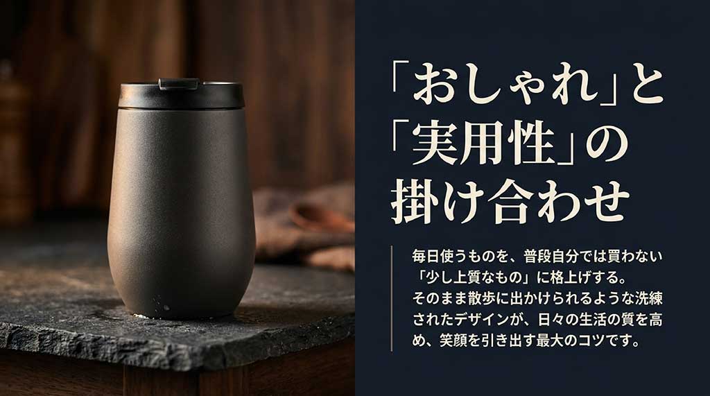 毎日使うものを普段自分では買わない少し上質なものに格上げし、洗練されたデザインで日々の生活の質を高めるコツを解説したスライド画像 。