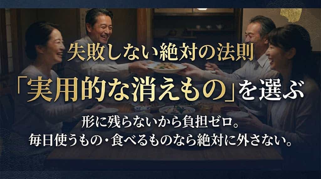 失敗しない絶対の法則「実用的な消えもの」を選ぶ。形に残らないから負担ゼロ。毎日使うもの・食べるものなら絶対に外さないと書かれたスライド