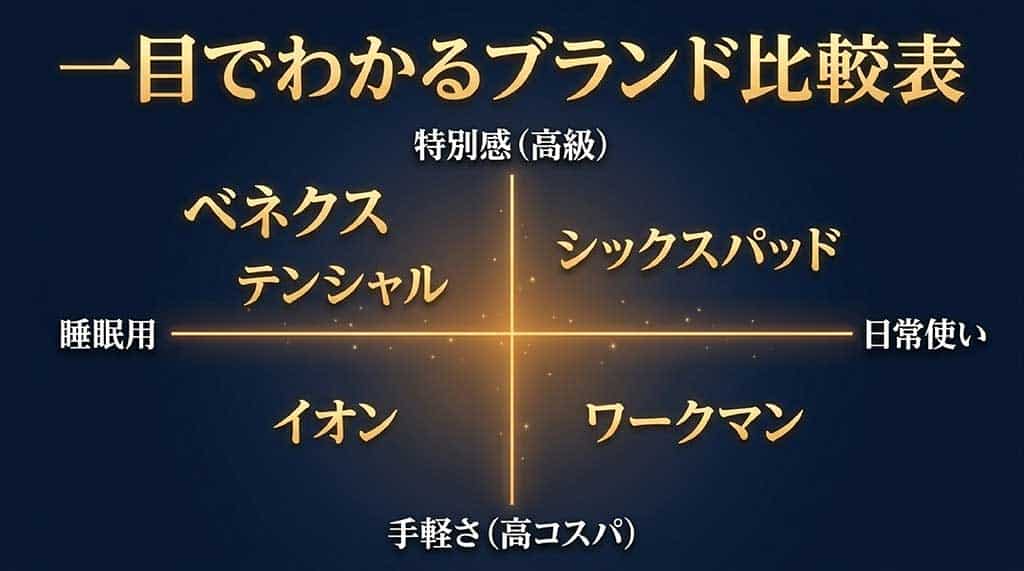 縦軸に特別感(高級)・手軽さ(高コスパ)、横軸に睡眠用・日常使いを配し、ベネクス、テンシャル、シックスパッド、イオン、ワークマンの位置付けを示した比較マップスライド