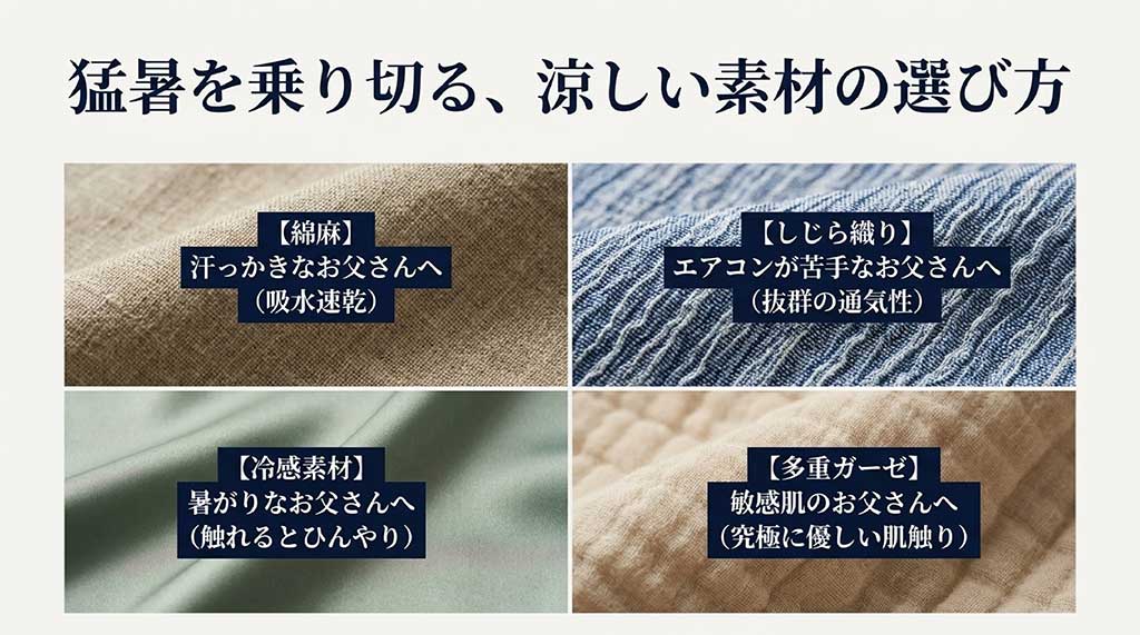 綿麻（吸水速乾）、しじら織り（通気性）、冷感素材（ひんやり）、多重ガーゼ（肌触り）の4つの素材別おすすめタイプをまとめた比較表