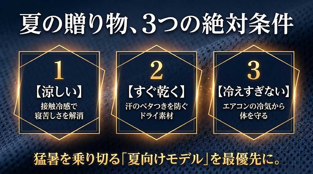 夏の贈り物3つの絶対条件として、涼しい(接触冷感)、すぐ乾く(ドライ素材)、冷えすぎない(エアコン対策)を挙げたスライド