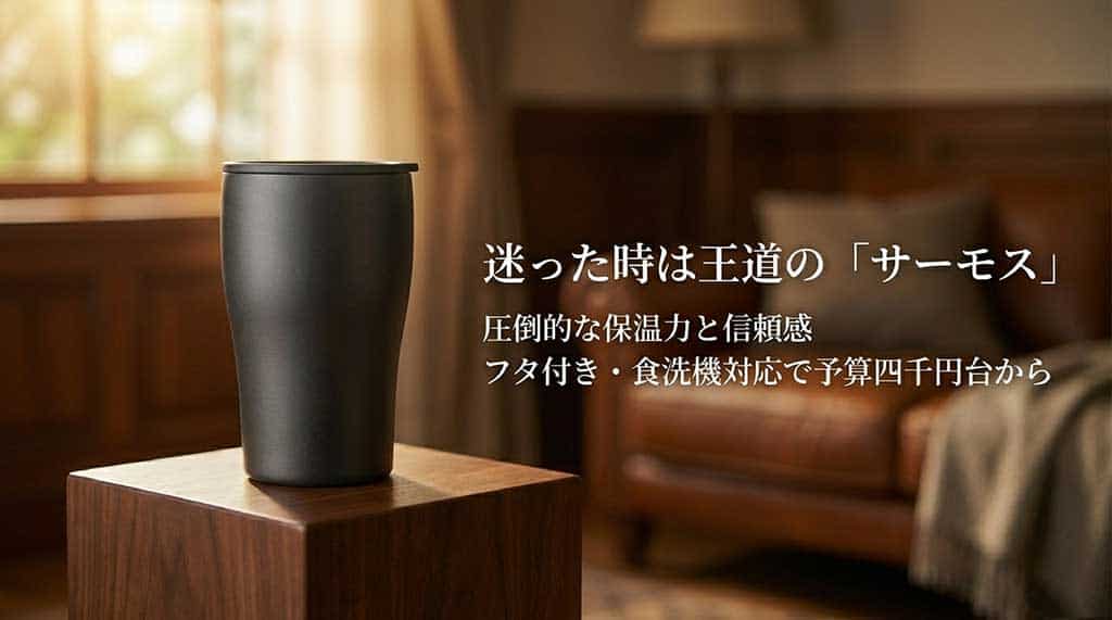 圧倒的な保温力と信頼感があり、フタ付き・食洗機対応モデルが予算4千円台から選べる、迷った時におすすめの王道ブランド「サーモス」を紹介するスライド画面。