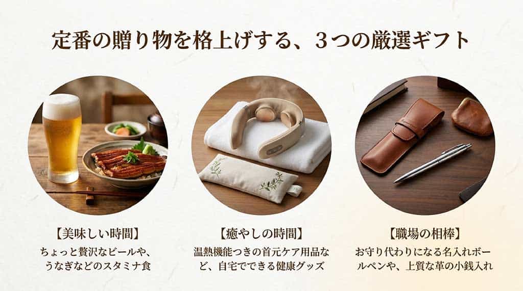 ビールとうなぎの「美味しい時間」、温熱首元ケア用品の「癒やしの時間」、名入れボールペンや革の小銭入れの「職場の相棒」という、定番の贈り物を格上げする3つの厳選ギフトを写真付きで紹介しているスライド