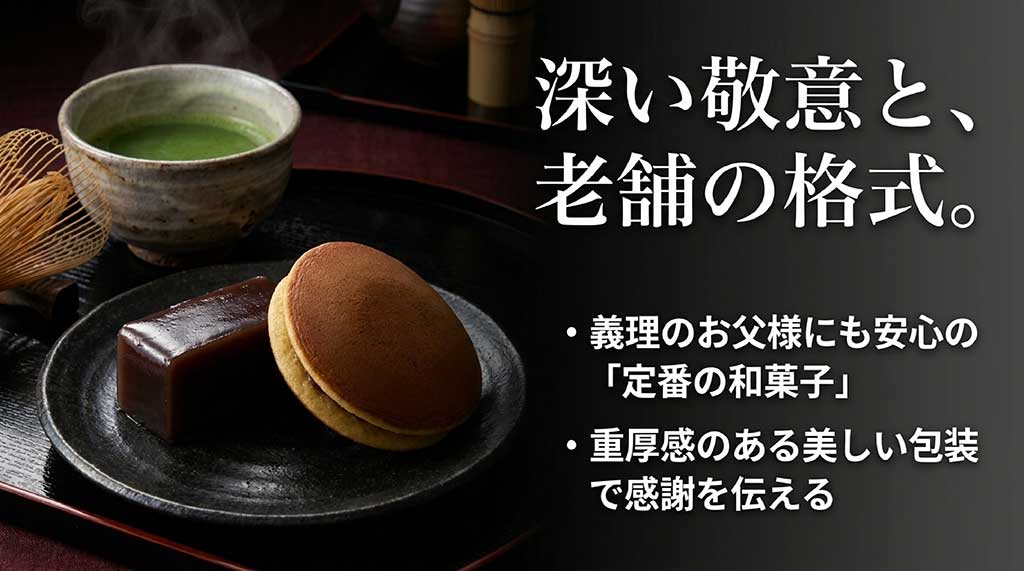 義理のお父様にも安心な定番の和菓子と、感謝を伝える重厚感のある美しい包装について解説したスライド画像