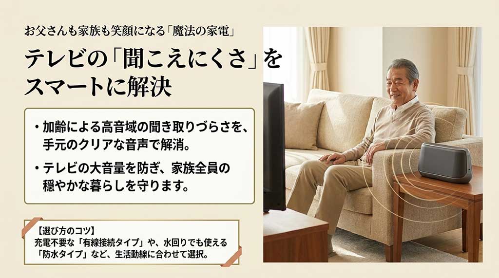 お父さんも家族も笑顔になる「魔法の家電」。テレビの聞こえにくさをスマートに解決し、加齢による高音域の聞き取りづらさを手元のクリアな音声で解消する手元スピーカーと、ソファでくつろぐ高齢男性のイメージ