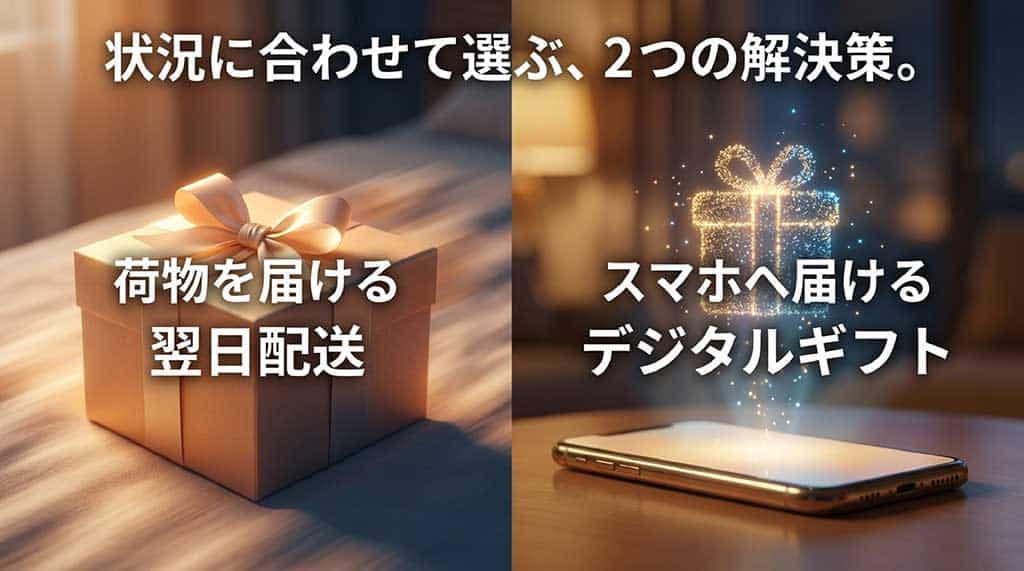 「状況に合わせて選ぶ、2つの解決策。荷物を届ける翌日配送、スマホへ届けるデジタルギフト」と2つの選択肢が並んだスライド。