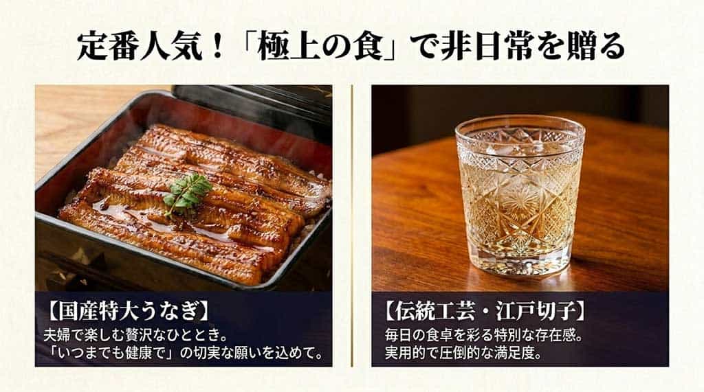 夫婦で楽しむ贅沢な国産特大うなぎと、毎日の食卓を彩る伝統工芸・江戸切子のペアグラスのイメージ。