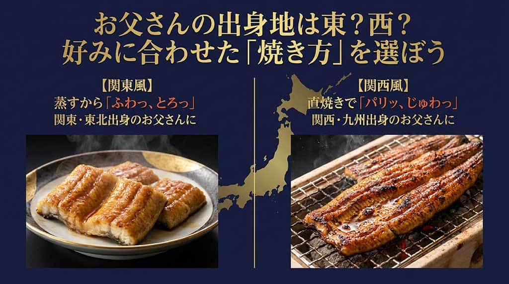 関東風（蒸し・ふわとろ）と関西風（直焼き・パリッ）の比較図解