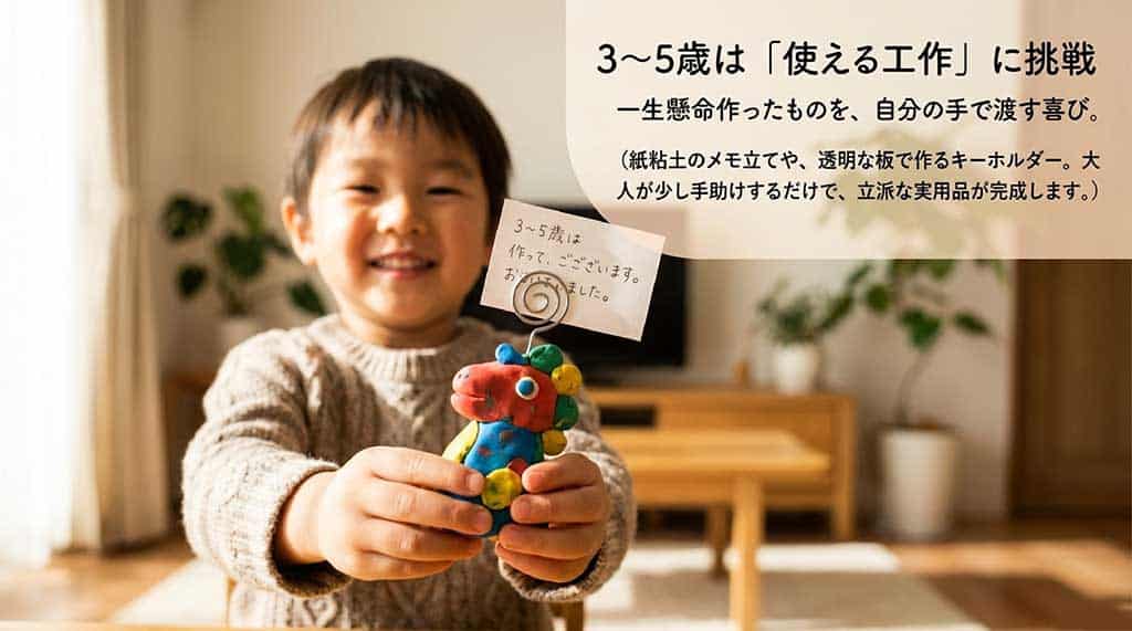 「3〜5歳は『使える工作』に挑戦」という見出し。紙粘土のメモ立てや透明な板で作るキーホルダーなど、大人が少し手助けするだけで立派な実用品が完成することを説明したスライド