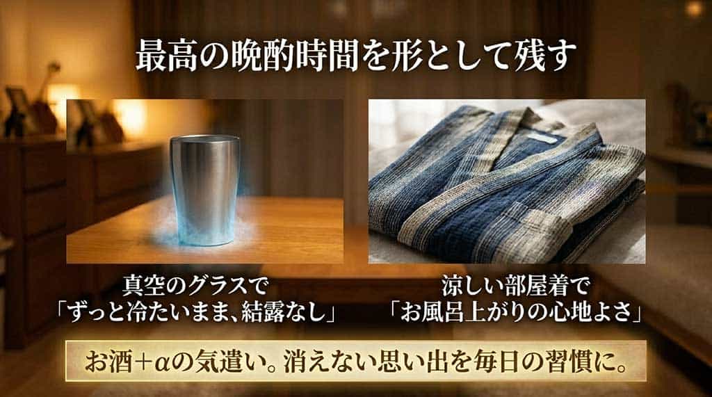 飲み頃温度をキープする真空断熱グラスと、お風呂上がりに心地よい涼しい部屋着のセット