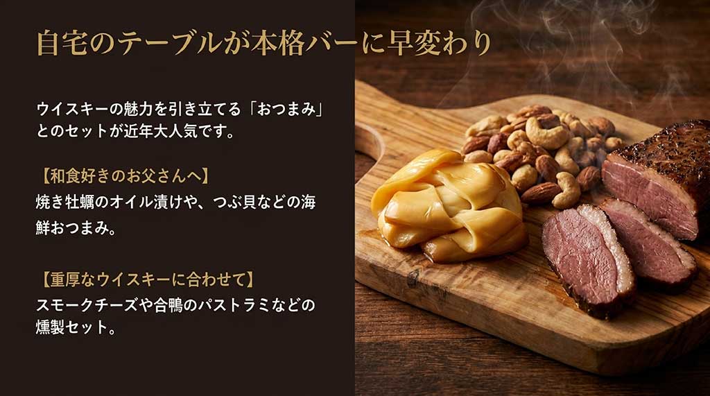 和食好きの父親向けの海鮮おつまみ（焼き牡蠣のオイル漬け、つぶ貝など）や、重厚なウイスキーに合わせた燻製セット（スモークチーズ、合鴨パストラミなど）のペアリングを提案するスライド