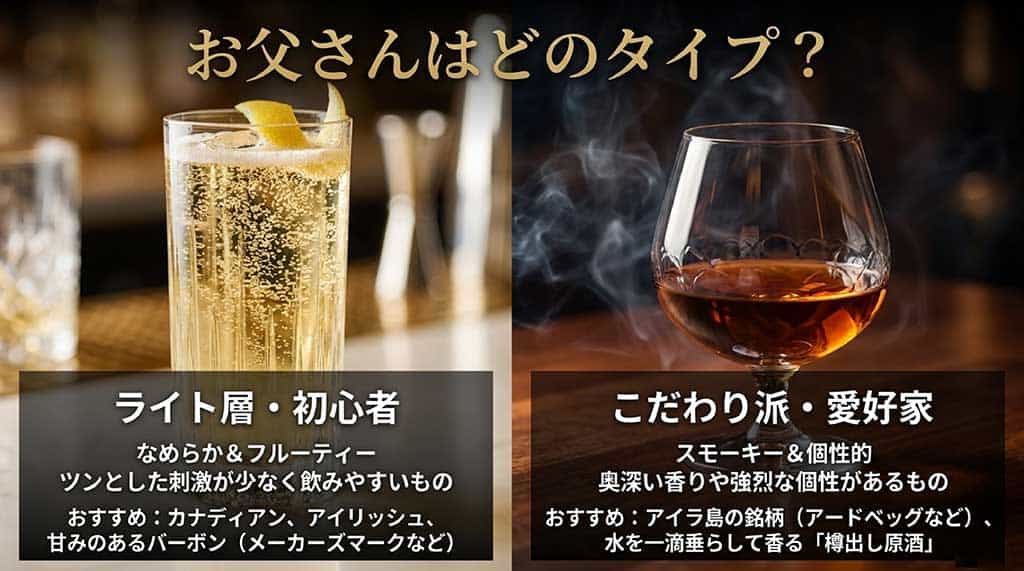 お父さんのタイプに合わせて、ライト層・初心者（なめらか＆フルーティー、カナディアンやアイリッシュ等）と、こだわり派・愛好家（スモーキー＆個性的、アイラ島のアードベッグ等）の2タイプのおすすめ傾向をまとめたスライド