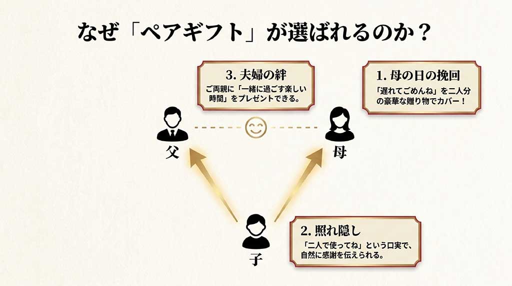 母の日の挽回、照れ隠し、夫婦の絆という、父の日の贈り物にペアギフトが選ばれる3つの理由の解説図。