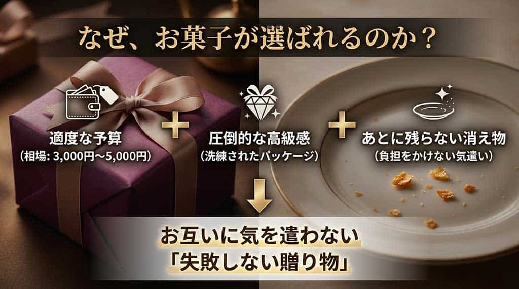 父の日に菓子が選ばれる理由として、適度な予算相場（3,000円〜5,000円）、圧倒的な高級感、あとに残らない消え物である気遣いをまとめた解説図