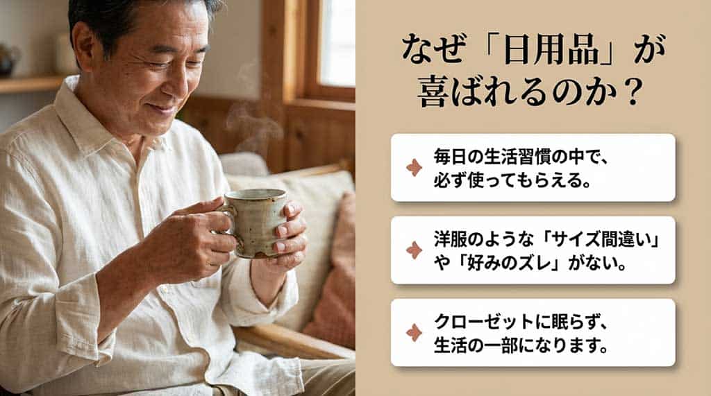 サイズ間違いや好みのズレがなく、毎日の生活習慣の中で必ず使ってもらえるためクローゼットに眠らないという、日用品ギフトのメリットを解説したスライド