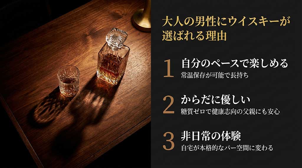 ウイスキーが選ばれる理由として、1.常温保存が可能で自分のペースで楽しめる、2.糖質ゼロでからだに優しい、3.自宅が本格バーに変わる非日常の体験、の3点を解説したスライド