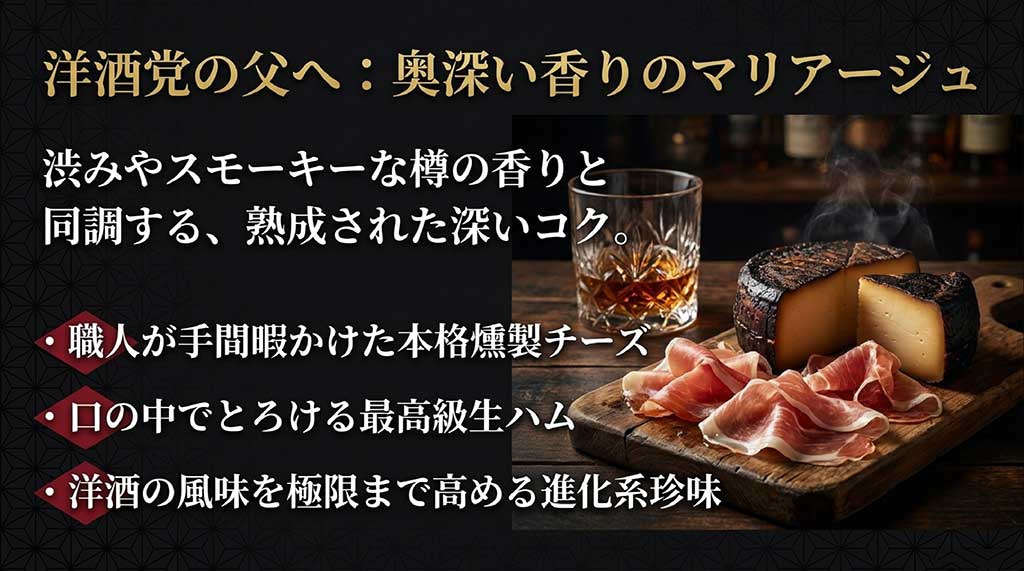 渋みや樽の香りに調和する熟成されたコクを持つおつまみとして、「本格燻製チーズ」「最高級生ハム」「進化系珍味」を並べた洋酒向けスライド